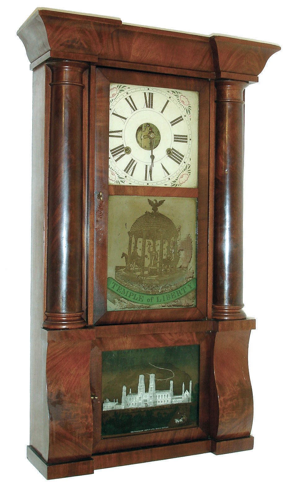 John Birge & Co., Bristol, Conn., 8 days, time and strike, weight driven strap brass movement Cornice & Column shelf clock, c1848. — Antique Clocks Price Guide