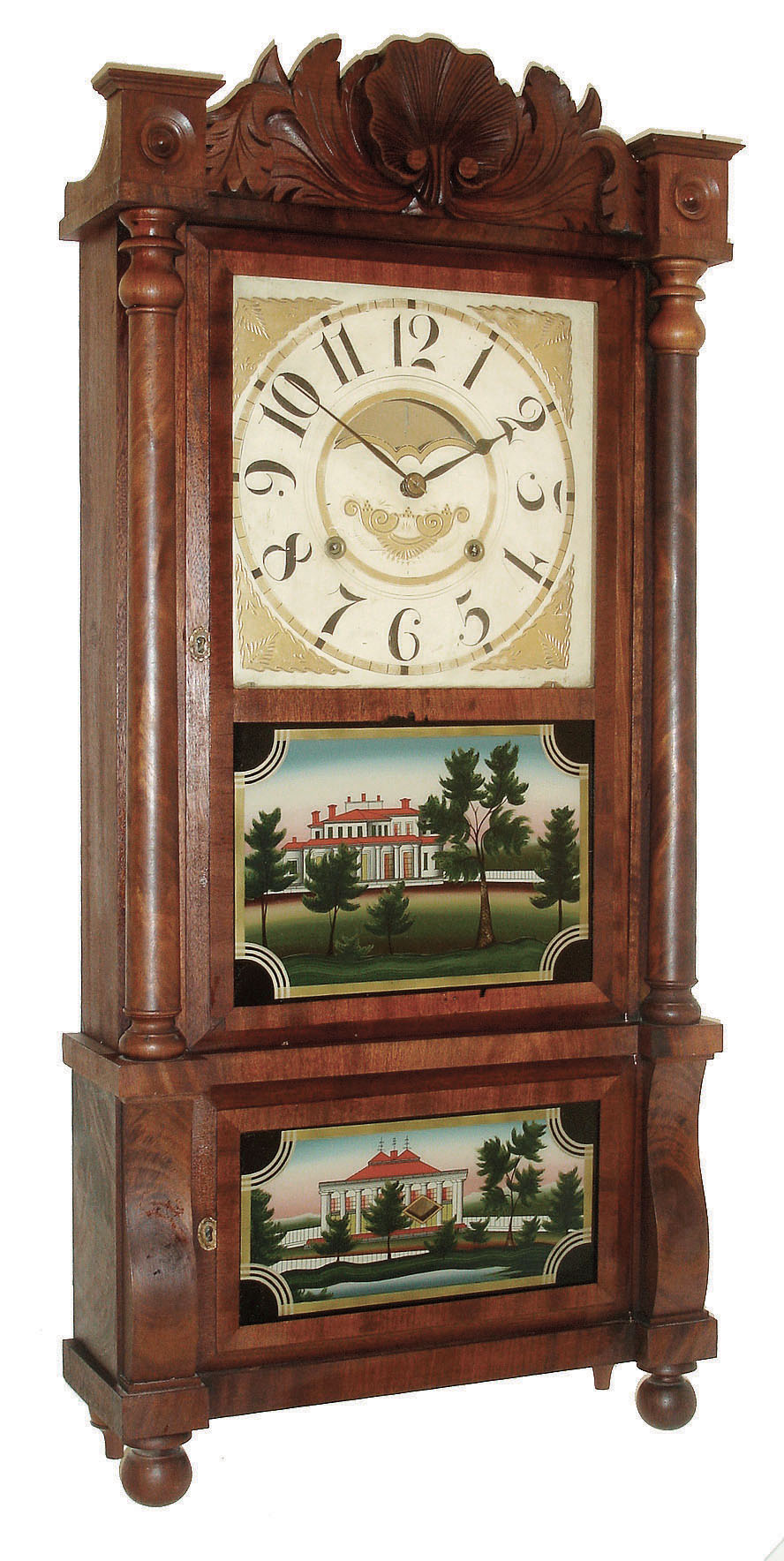 Birge, Mallory & Co., Bristol, CT 8 days, time and strike, weight driven double-decker carved splat shelf clock with strap brass movement, c1840. — Antique Clocks Price Guide