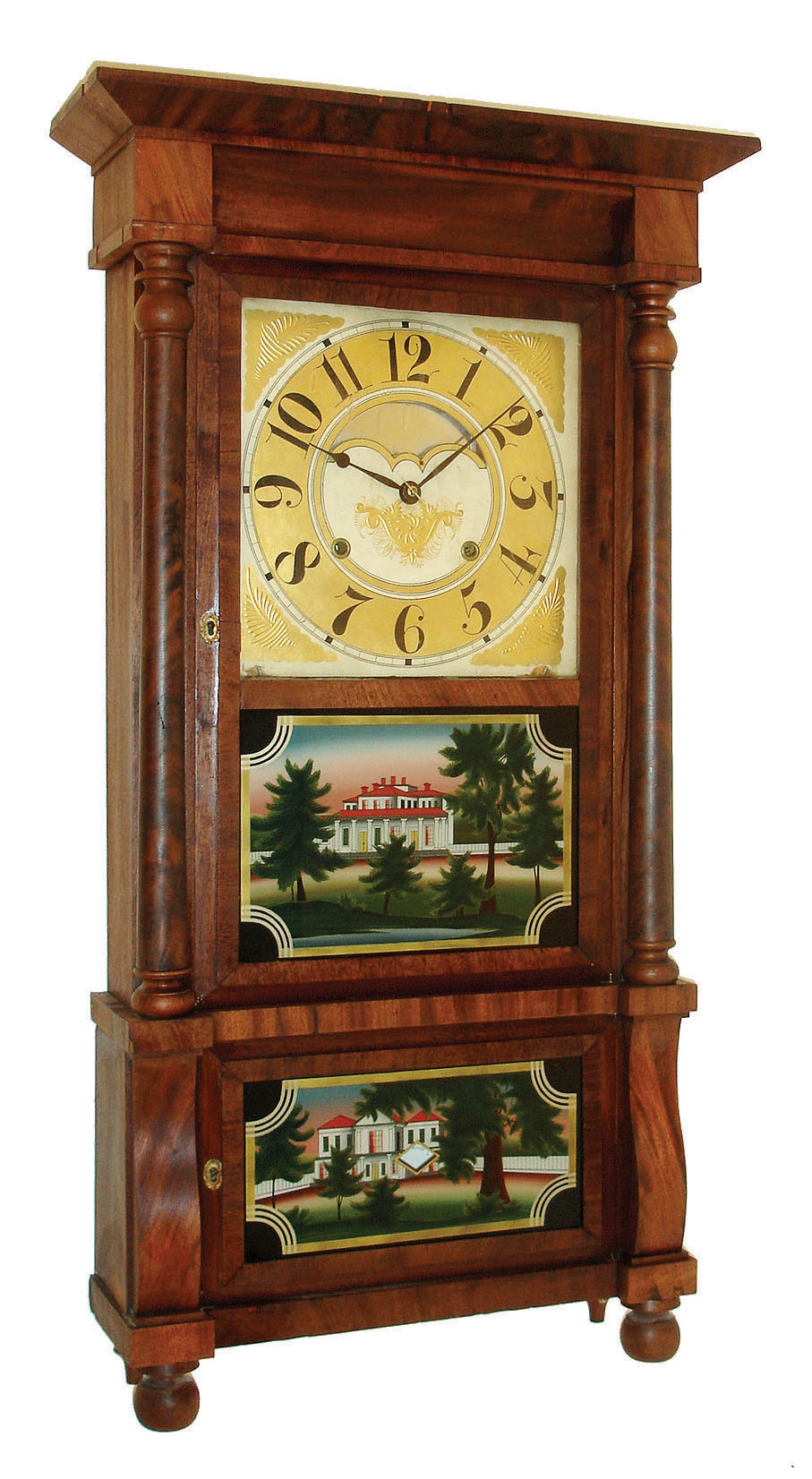 Birge, Mallory & Co., Bristol, CT 8 days, time and strike, weight driven double-decker cornice top shelf clock with a strap brass movement, c1840. — Antique Clocks Price Guide