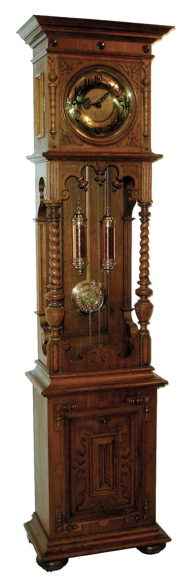 Furtwangler, L. & Sohne, Furtwangen, Germany, tall clock, 8 day time & gong strike weight driven movement marked "LFS" in an open well carved and turned oak case, fancy embossed two tone pendulum with two matching weights and brass dial, c1890 — Antique Clocks Price Guide