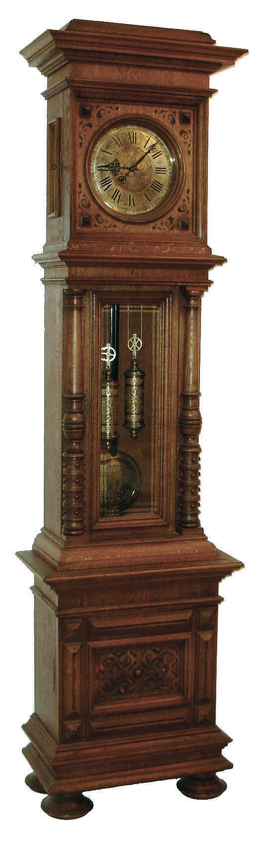 Furtwangler, L. & Sohne, Furtwangen, Germany, standing Vienna Regulator tall clock, 8 day time & gong strike weight driven movement marked "LFS" in a carved and turned two piece oak case with fancy embossed two tone pendulum with two matching brass weights and silvered brass dial with engraved brass center, c1875 — Antique Clocks Price Guide