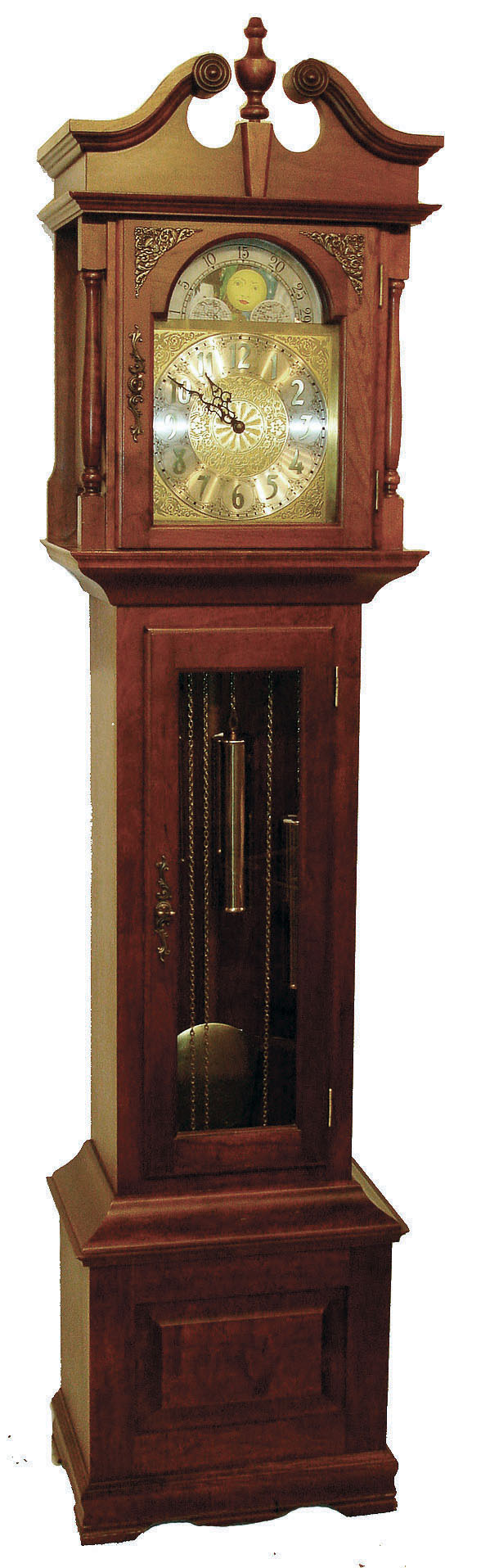 Germany, Emperor tall clock, 8 day time, strike & chime, three brass weight driven movement in a cherry case with brass dial, silvered chapter ring and moon phase, c1970 — Antique Clocks Price Guide