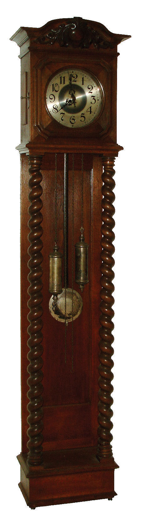 Lenzkirch, Germany, tall clock 8 days, time and strike, weight driven in open well oak case with full barley twist columns, serial # 1,917,269, c1912 — Antique Clocks Price Guide