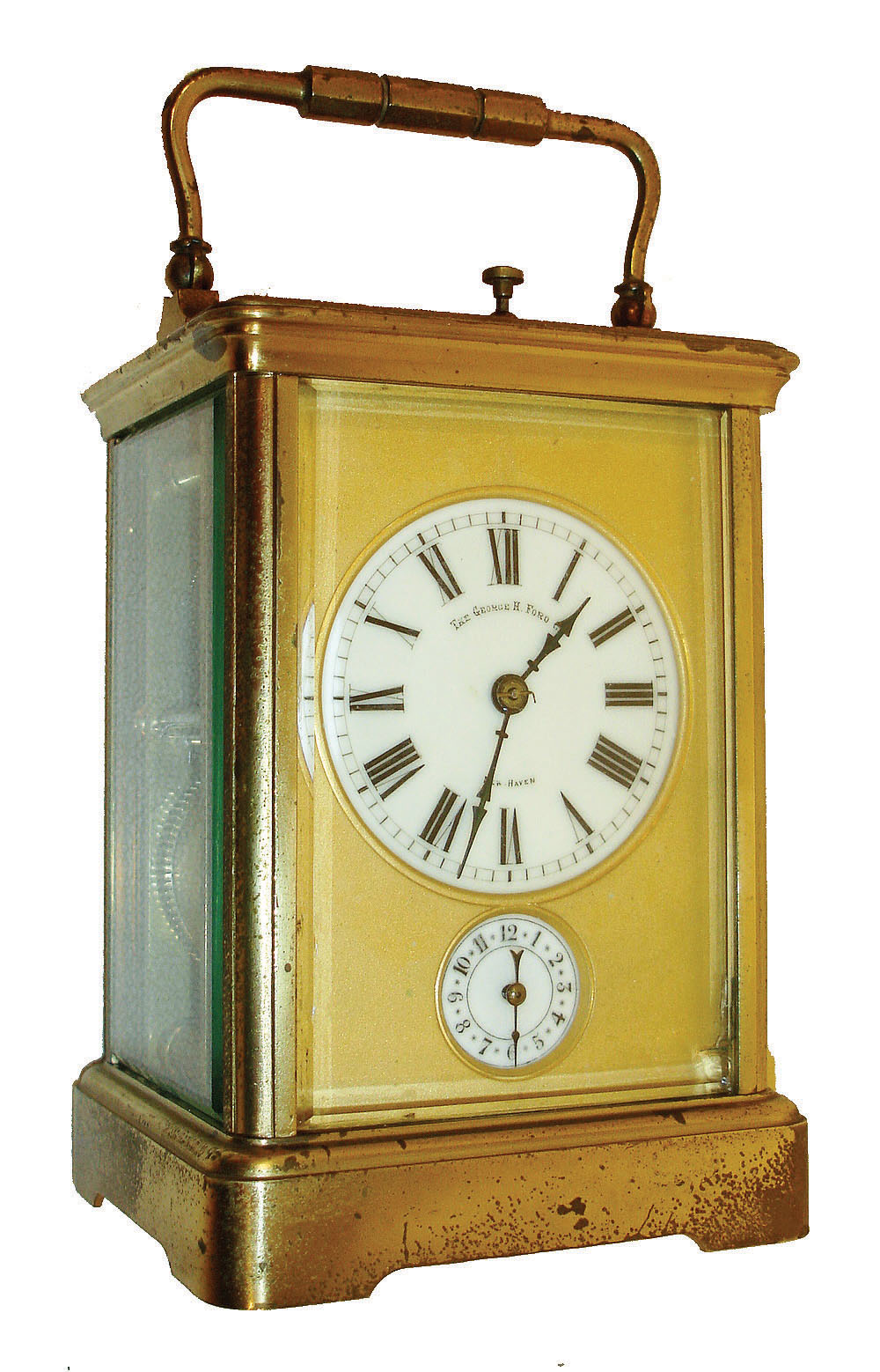 France, 8 days, time, strike & repeating on demand platform escapement carriage clock with alarm, polished Cornice case with beveled glass panels, Roman numeral white enamel dial signed by retailer "The George H. Ford Co. New Haven", Arabic numeral alarm dial below, the dials with gilt mask, blued steel hands, c1910 — Antique Clocks Price Guide