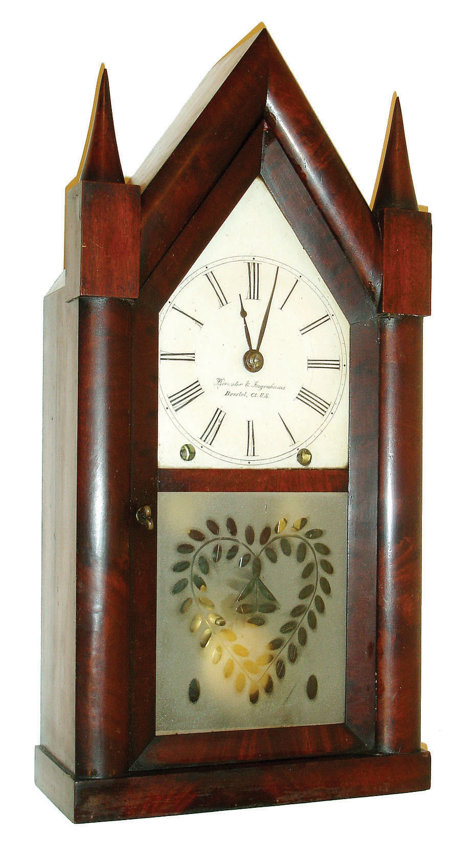 Brewster & Ingraham, Bristol, CT, 8 days, time and strike, spring driven steeple clock, mahogany case, c1850. — Antique Clocks Price Guide
