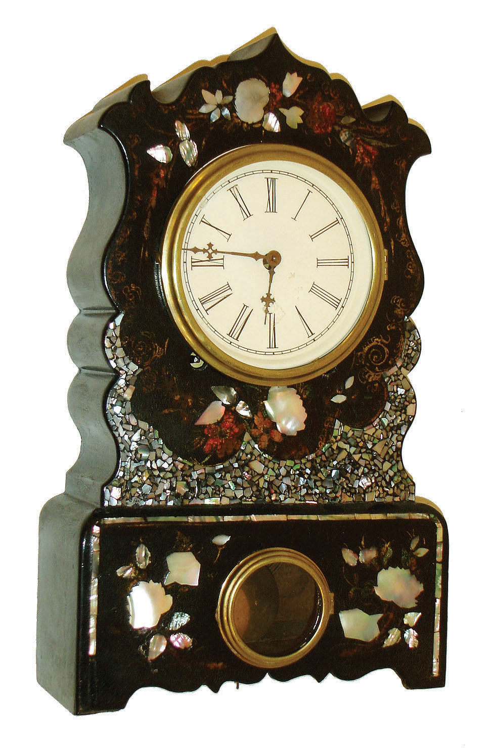 T. S. Sperry, New York, 8 days, time and strike, Morse & Co. [Thomaston, Conn.] No. 2 spring brass movement in Mother of Pearl inlaid paper mache case, c1853 — Antique Clocks Price Guide
