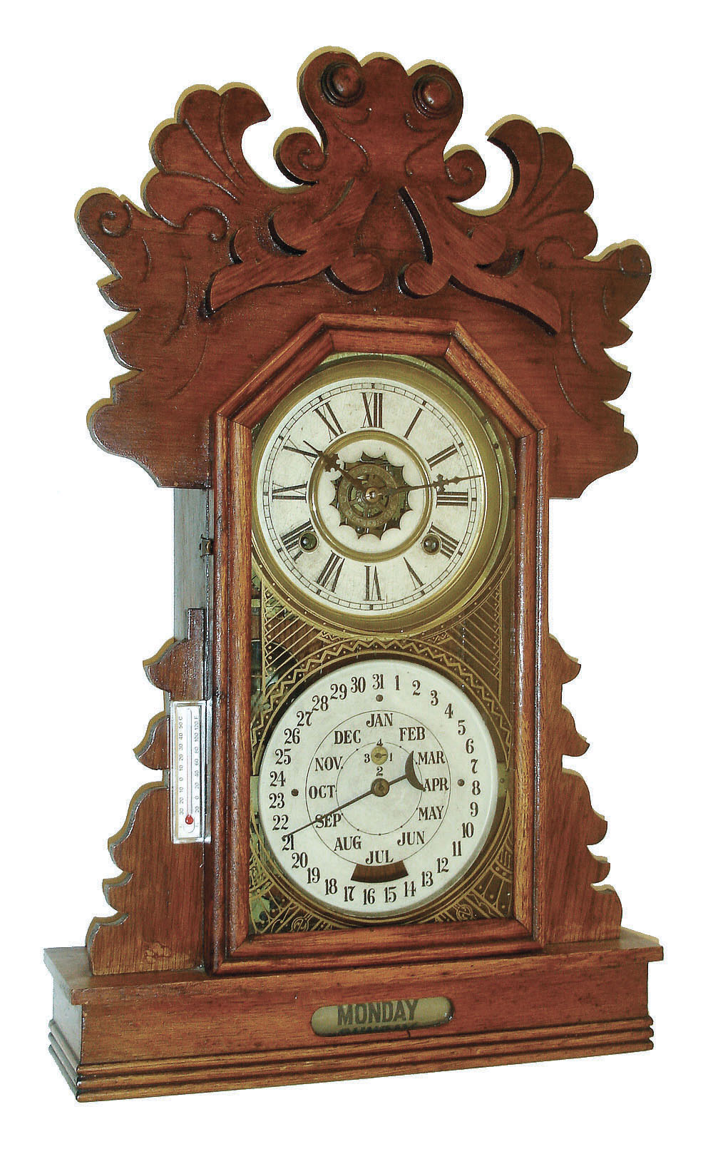 Charles W. Feischtinger, Fritztown, Penn., "Hardin" model 8 days, time and strike,, double dial calendar clock. Clocks with his patent calendar were actually manufactured for him by the Waterbury Clock Co., Waterbury, Conn., c1895. — Antique Clocks Price Guide
