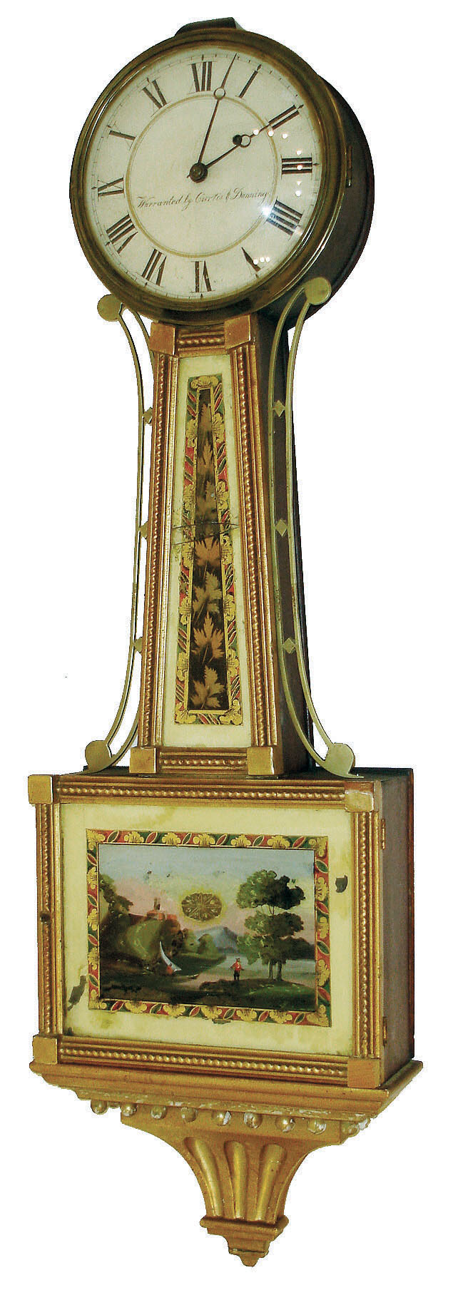 Curtis & Dunning, Burlington, VT, 8 day weight driven brass movement gilt patent timepiece or banjo clock, c1822 — Antique Clocks Price Guide