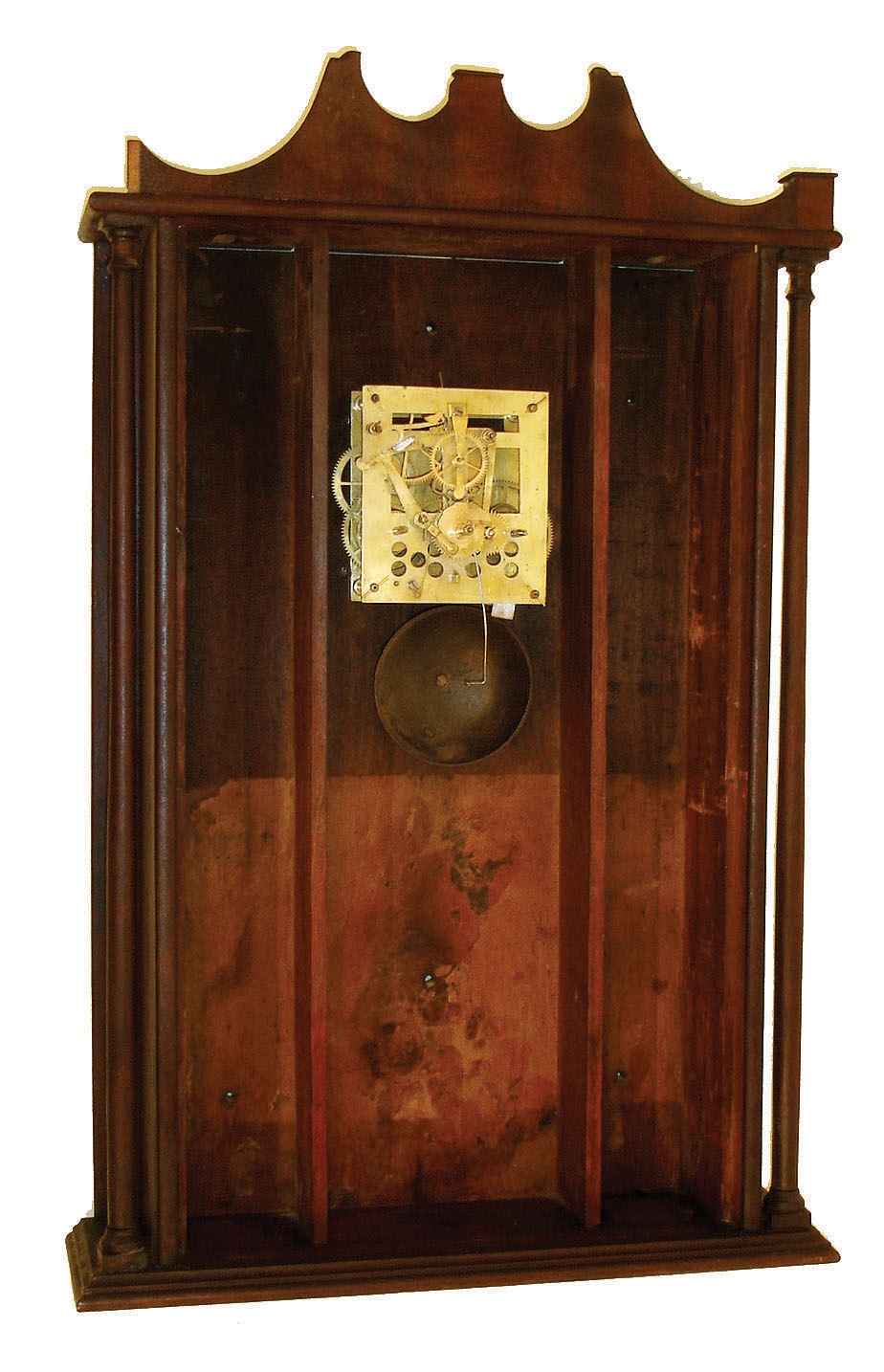 Unknown, 8 days, time and strike, weight driven "Salem Bridge"-type brass movement with unusual front plate not seen before with multiple small round holes. in distressed Pillar & Scroll shelf clock case (movement and case only) c1825 — Antique Clocks Price Guide