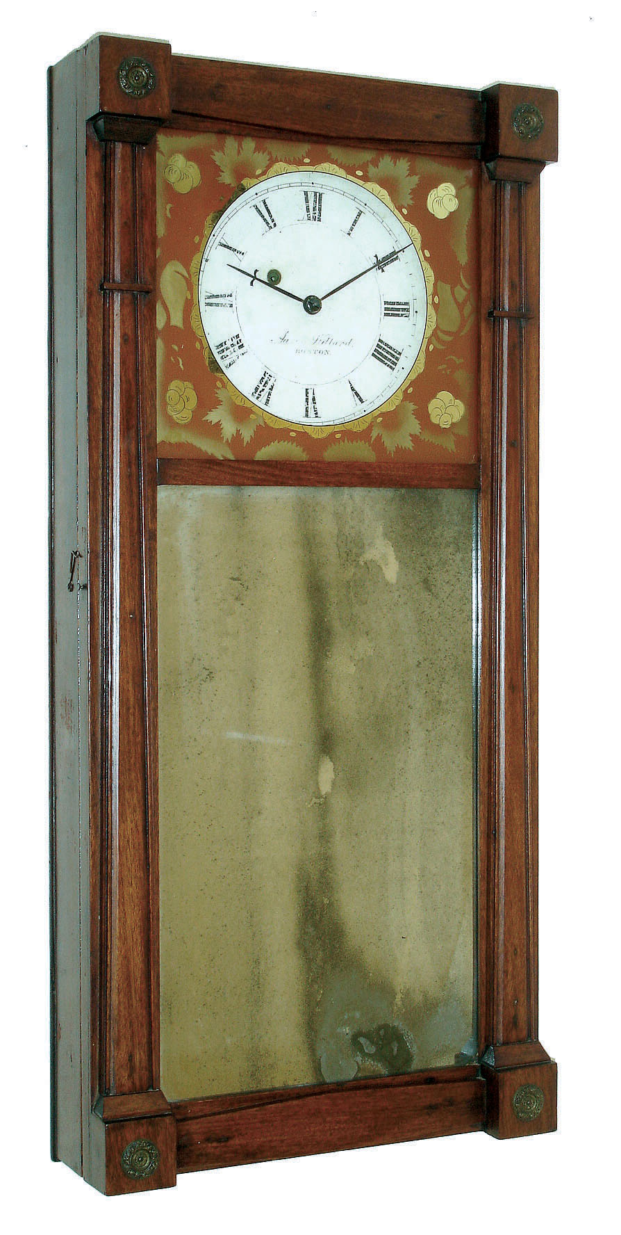 New Hampshire, 8 days, weight brass movement by Benjamin Morrill, of Boscawen, New Hampshire mirror clock with name of A. Willard, Boston on dial, c1820 — Antique Clocks Price Guide