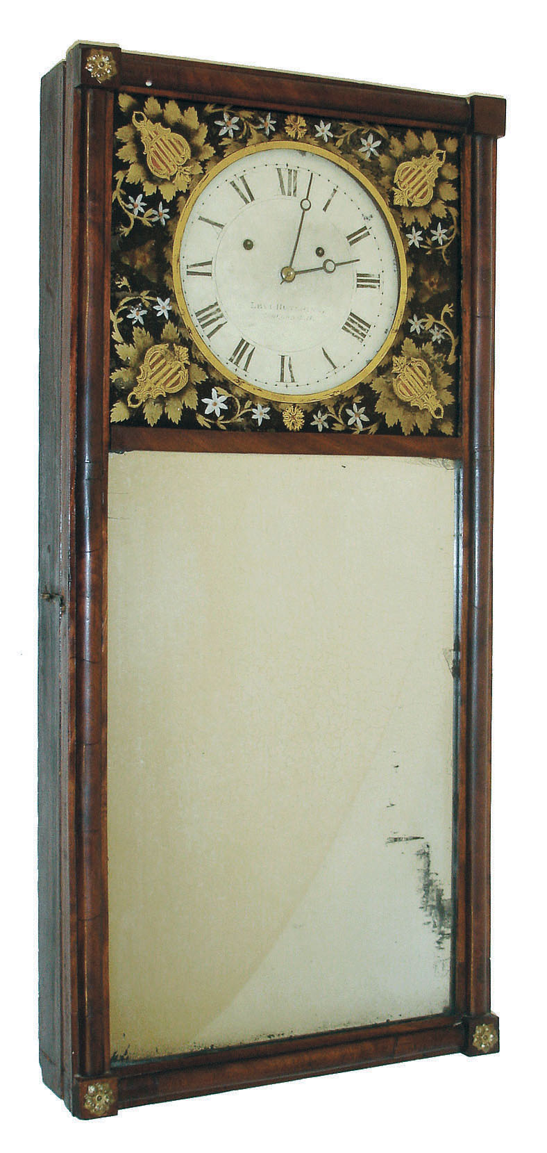 Levi Hutchins, Concord, NH, 8 days, time and strike,, weight brass movement, New Hampshire mirror clock, c1815 This is the clock pictured in "New Hampshire Clocks & Clockmakers" by Charles S. Parsons, pg 212. — Antique Clocks Price Guide