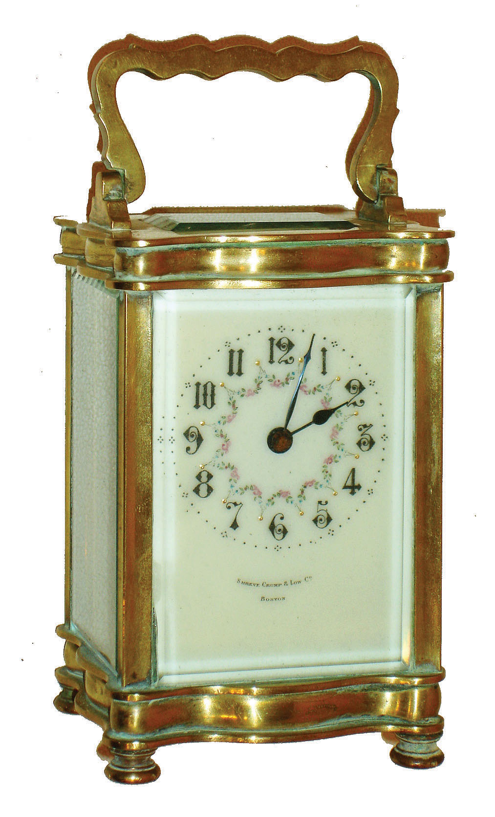 French brass and glass 8 day time only, carriage clock, dial signed Shreve Crump & Low, Boston, with leather carrying case, c1900 — Antique Clocks Price Guide