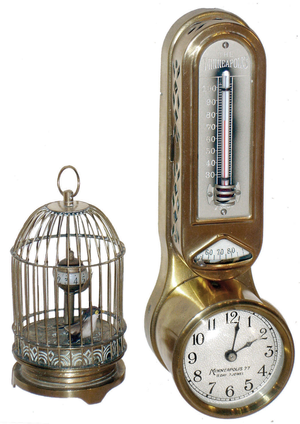 Clocks- 2 (Two): Occupied Japan moving bird in brass cage 30 hour novelty clock with annular dial, c1947; Minneapolis brass 8 day 7 jewel thermostat clock with thermometer, c1930 — Antique Clocks Price Guide