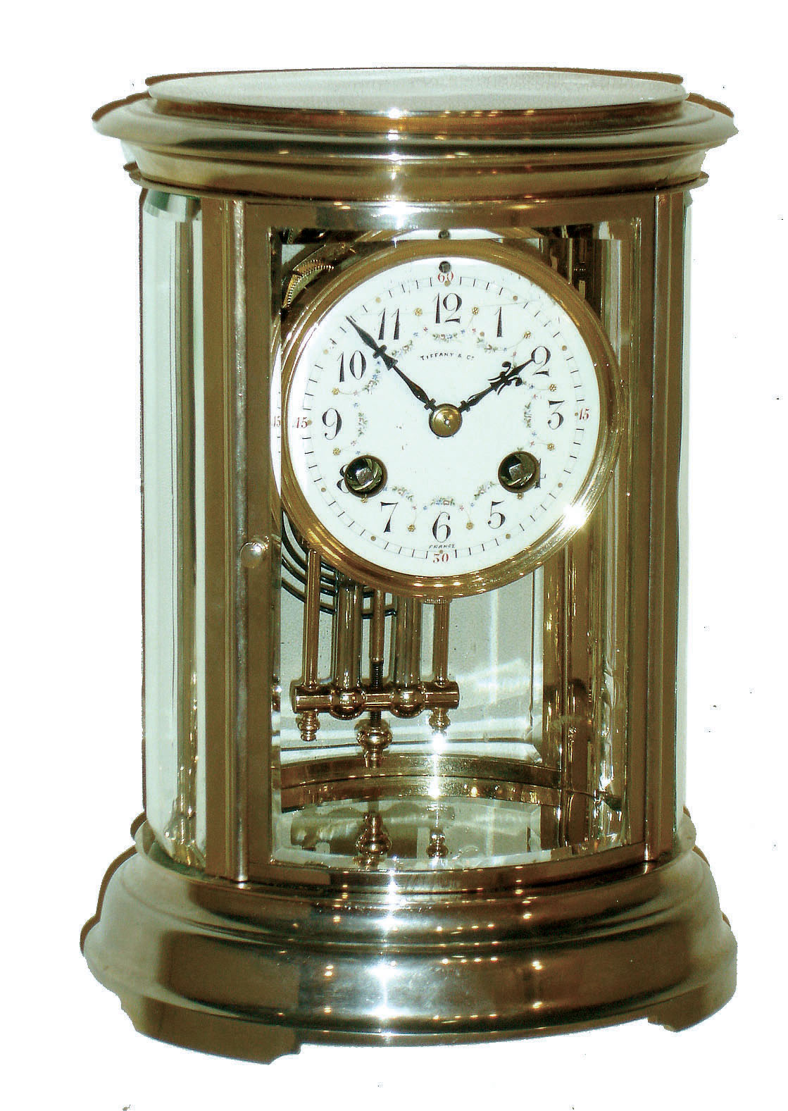 French, for Tiffany & Co., New York, lacquered brass and nickel 8 days, time and strike, oval crystal regulator with beveled glasses, Japy Freres movement, compensating pendulum, c1900 — Antique Clocks Price Guide
