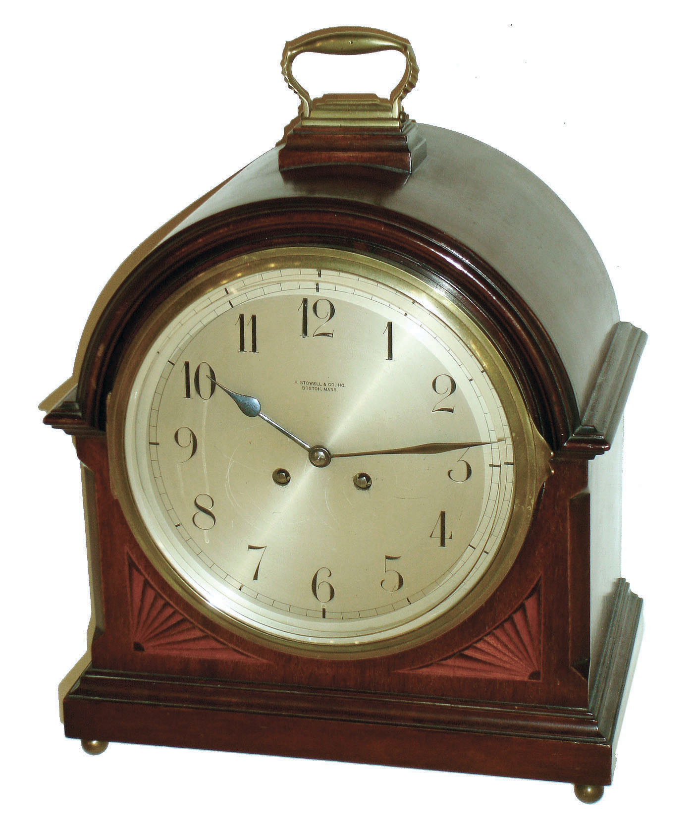 French for A. Stowell & Co, Boston, inlaid mahogany 8 days, time and strike, bracket clock with Vincenti Medaille D'Argent movement, Harris & Harrington (H&H), New York importer stamp, c 1890 — Antique Clocks Price Guide