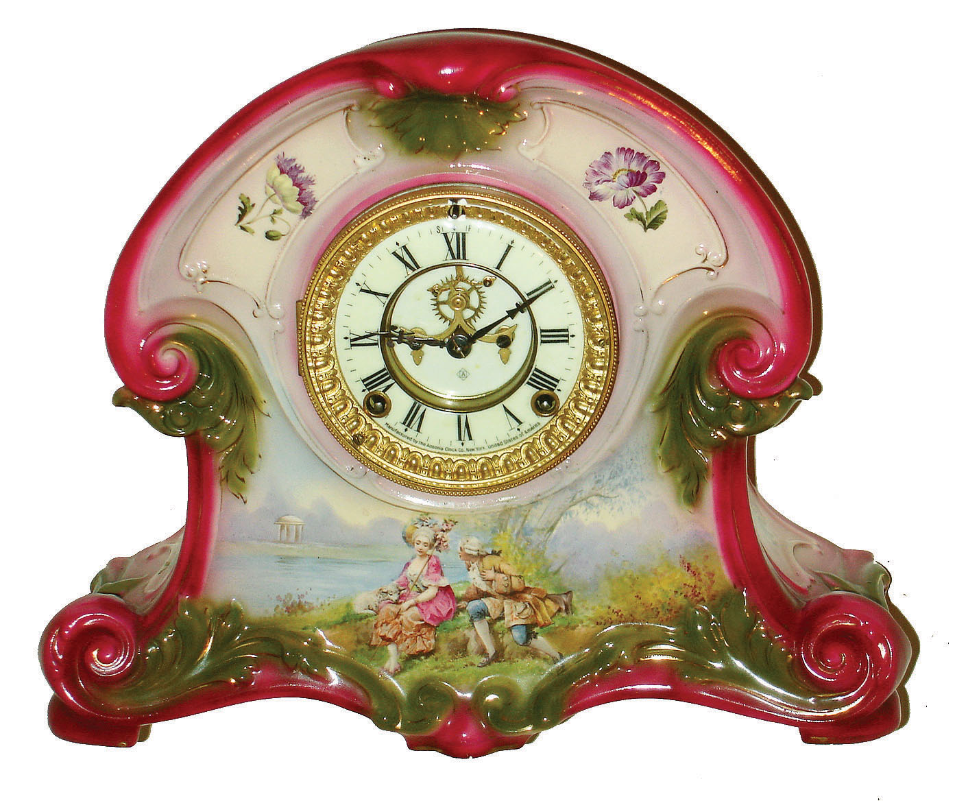 Ansonia Clock Co., New York, "La Isere" Royal Bonn 8 days, time and strike, porcelain mantel clock, visible escapement, c1914 — Antique Clocks Price Guide