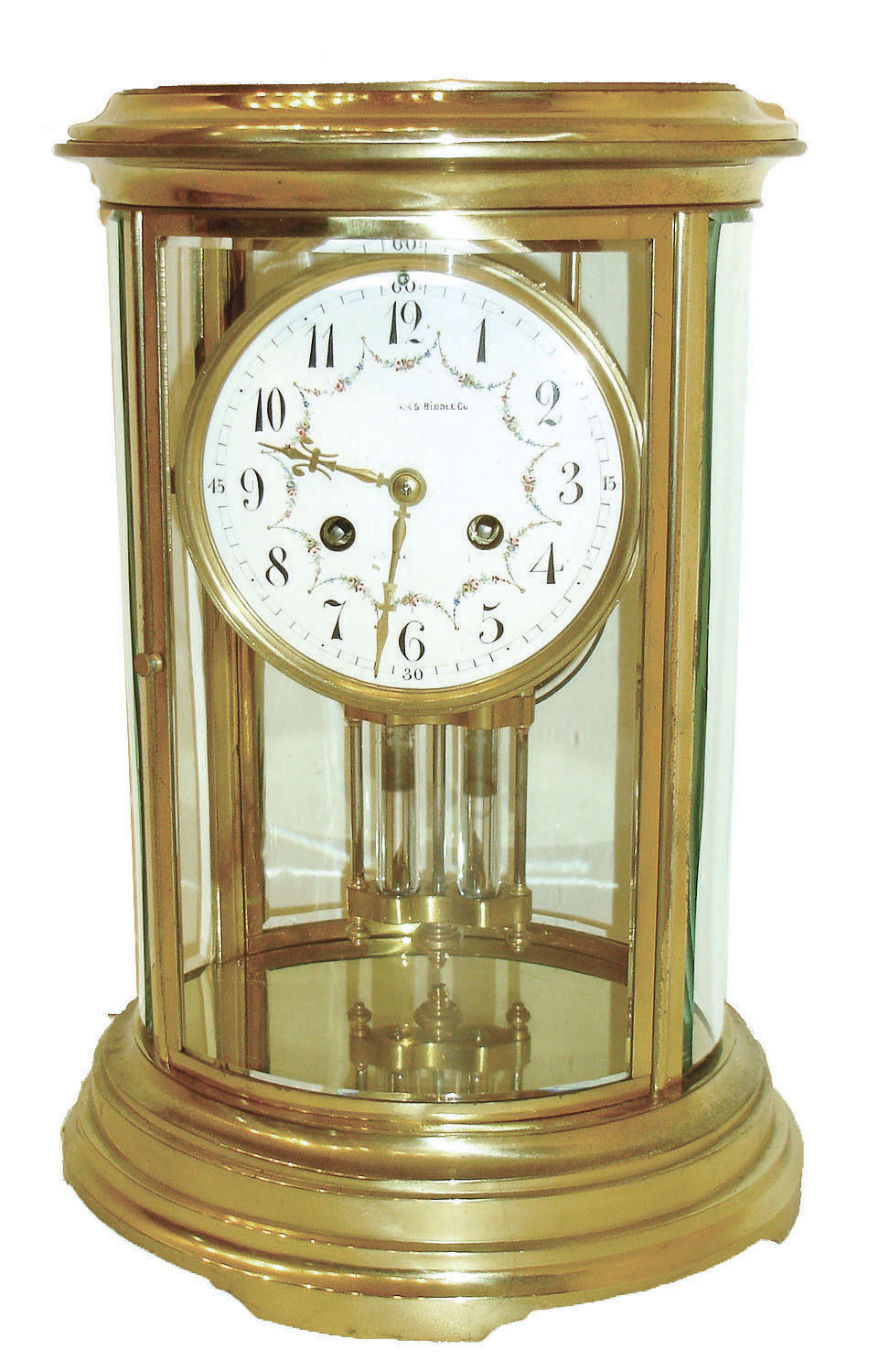 France, crystal regulator, large oval case with beveled glasses, Arabic numeral white enamel dial with polychrome floral garlands, and signed by retailer "Bailey, Banks & Biddle Co.", gilt hands and bezel, 8 days, time and strike, pendule a Paris movement, striking hours on a gong, polished brass mercury pendulum, c1910 — Antique Clocks Price Guide