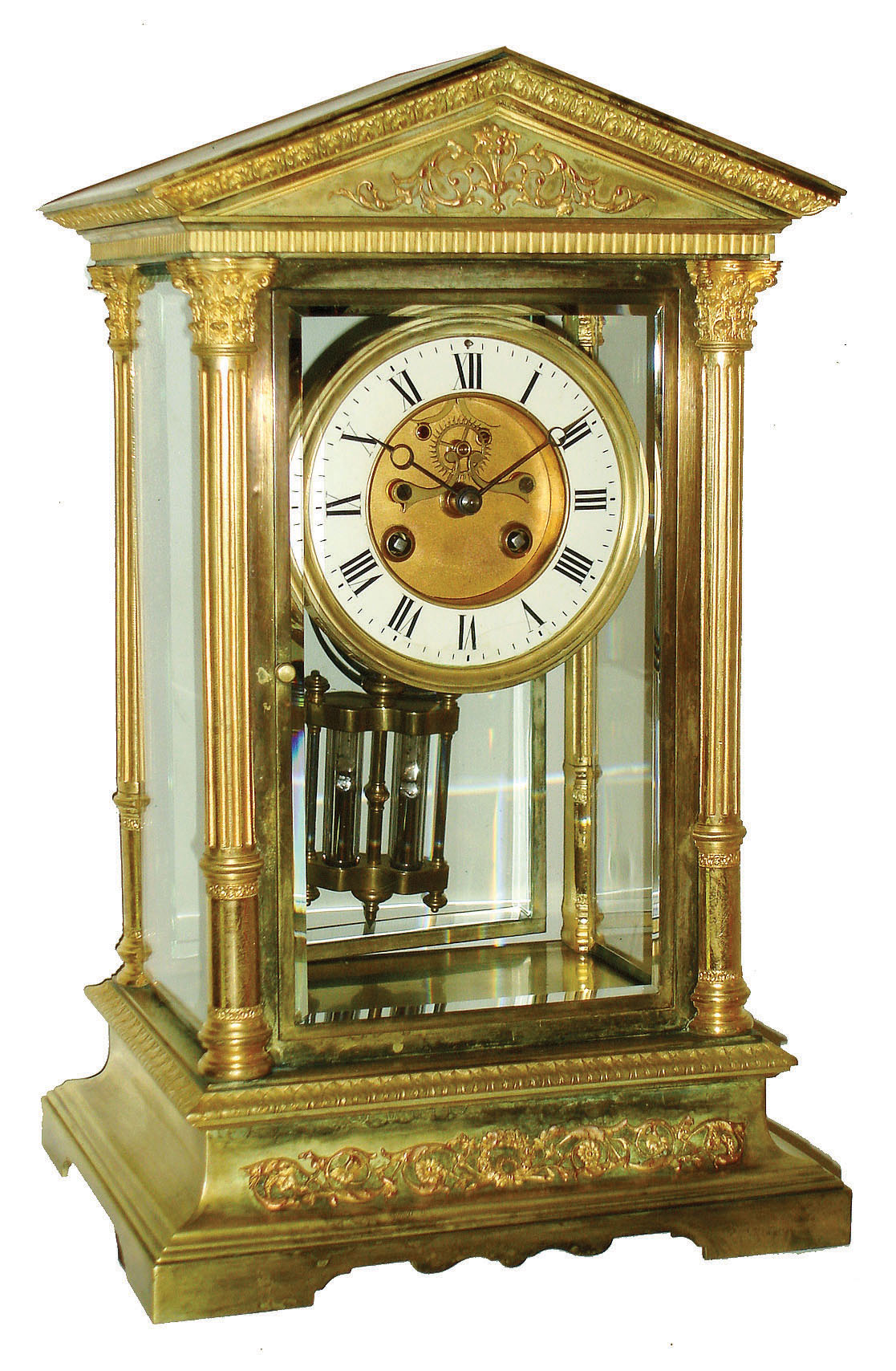 French large 8 days, time and strike, brass and beveled glass crystal regulator, visible escapement, Marti movement also stamped Tiffany & Compy., c1900 — Antique Clocks Price Guide