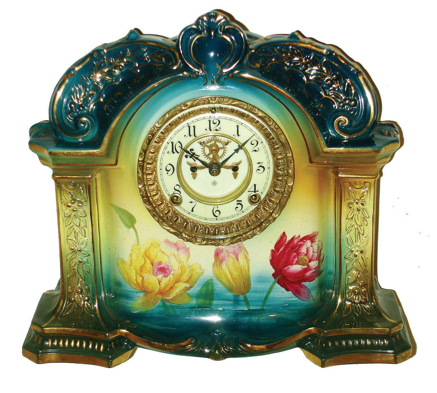 Ansonia Clock Co., New York, "La Orb" Royal Bonn porcelain case 8 days, time and strike, mantel clock, c1904 — Antique Clocks Price Guide
