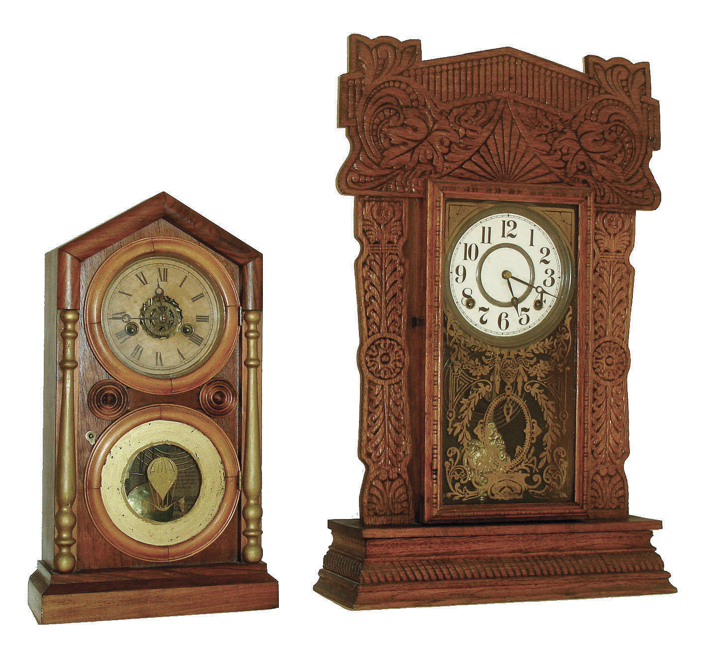 Clocks- 2 (Two): (1) E. Ingraham & Co., Bristol, "Doric", 30 hours, time, strike & alarm, c1875. (2) E. Ingraham & Co., Bristol, "Pacific", 8 days, time and strike, pressed oak from the "Ocean Line", c1915, . — Antique Clocks Price Guide