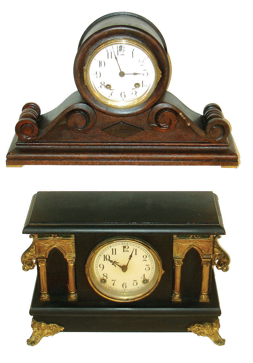 Clocks- 2 (Two): (1) Sessions Clock Co., Forestville, Conn., "Cambria", 8 days, time &strike black mantel clock, c1921. (2) Ansonia Clock Co., New York, "Cabinet No. 31" 8 days, time and strike, tambour mantel clock, c1914. — Antique Clocks Price Guide