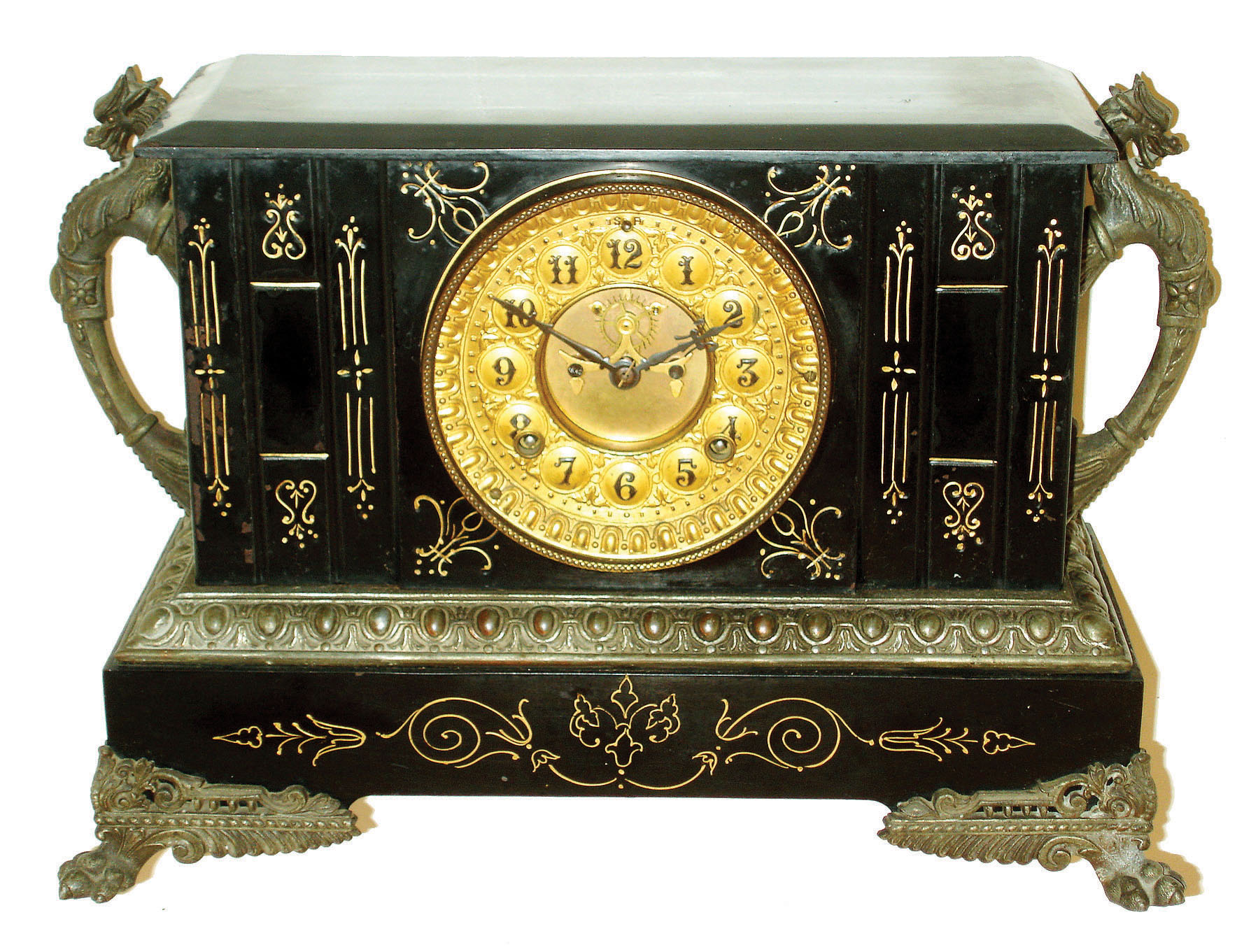 Ansonia Clock Co., New York, "Sicily" black enameled iron 8 days, time and strike, mantel clock with visible escapement, c1894 — Antique Clocks Price Guide
