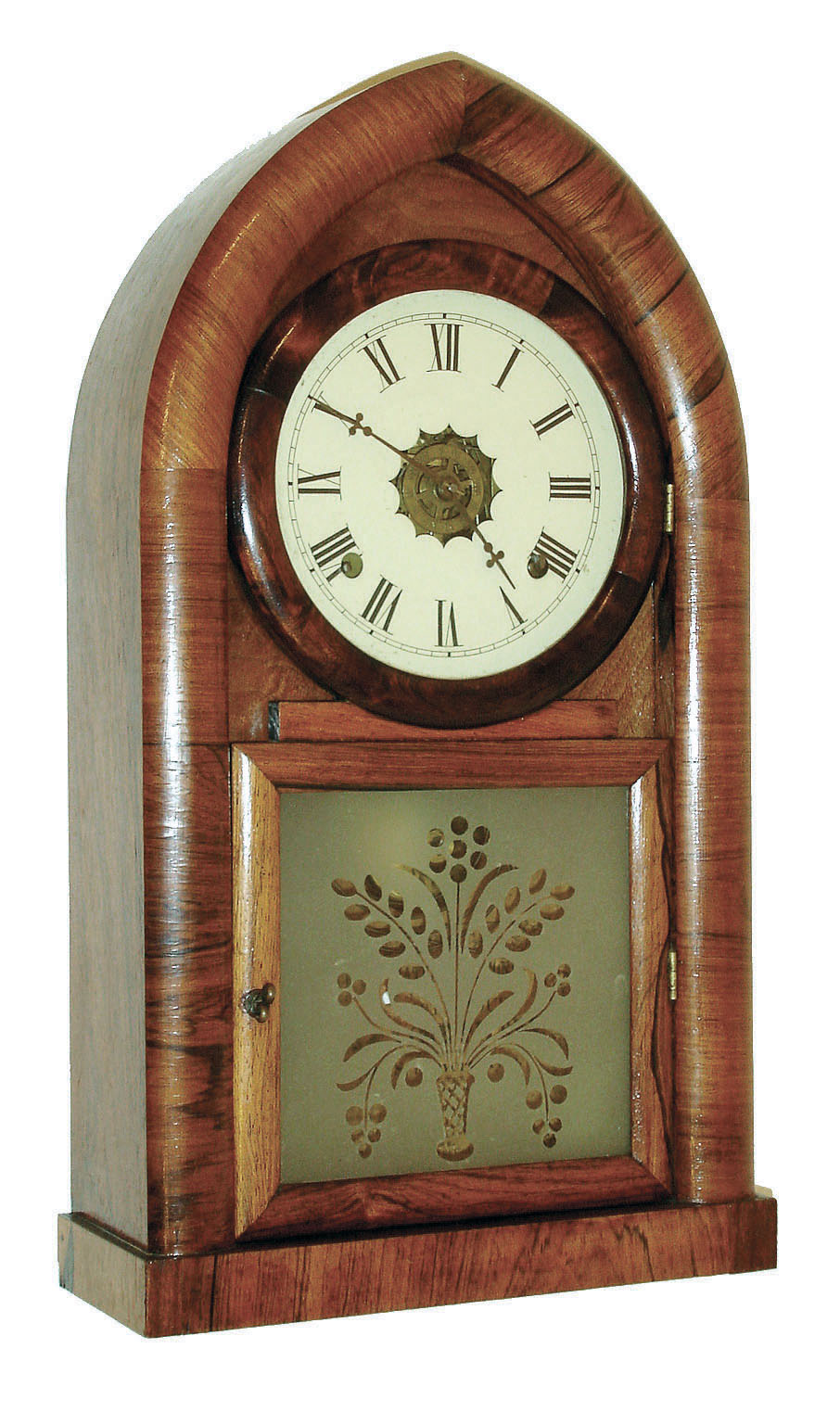 Waterbury Clock Co., Waterbury, Conn., 8 days, time, strike & alarm, round gothic or beehive mantel clock, c1860 — Antique Clocks Price Guide