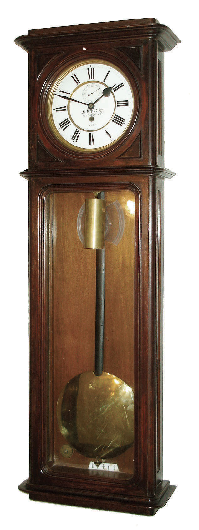 M. Herz & Sohn, 1 Stefansplatz No. 6, Vienna, Austria, oversize Vienna Regulator, 30 days, time only, brass weight driven movement with 10 1/2" pendulum bob in a walnut case with white enamel two part dial, c1900 — Antique Clocks Price Guide