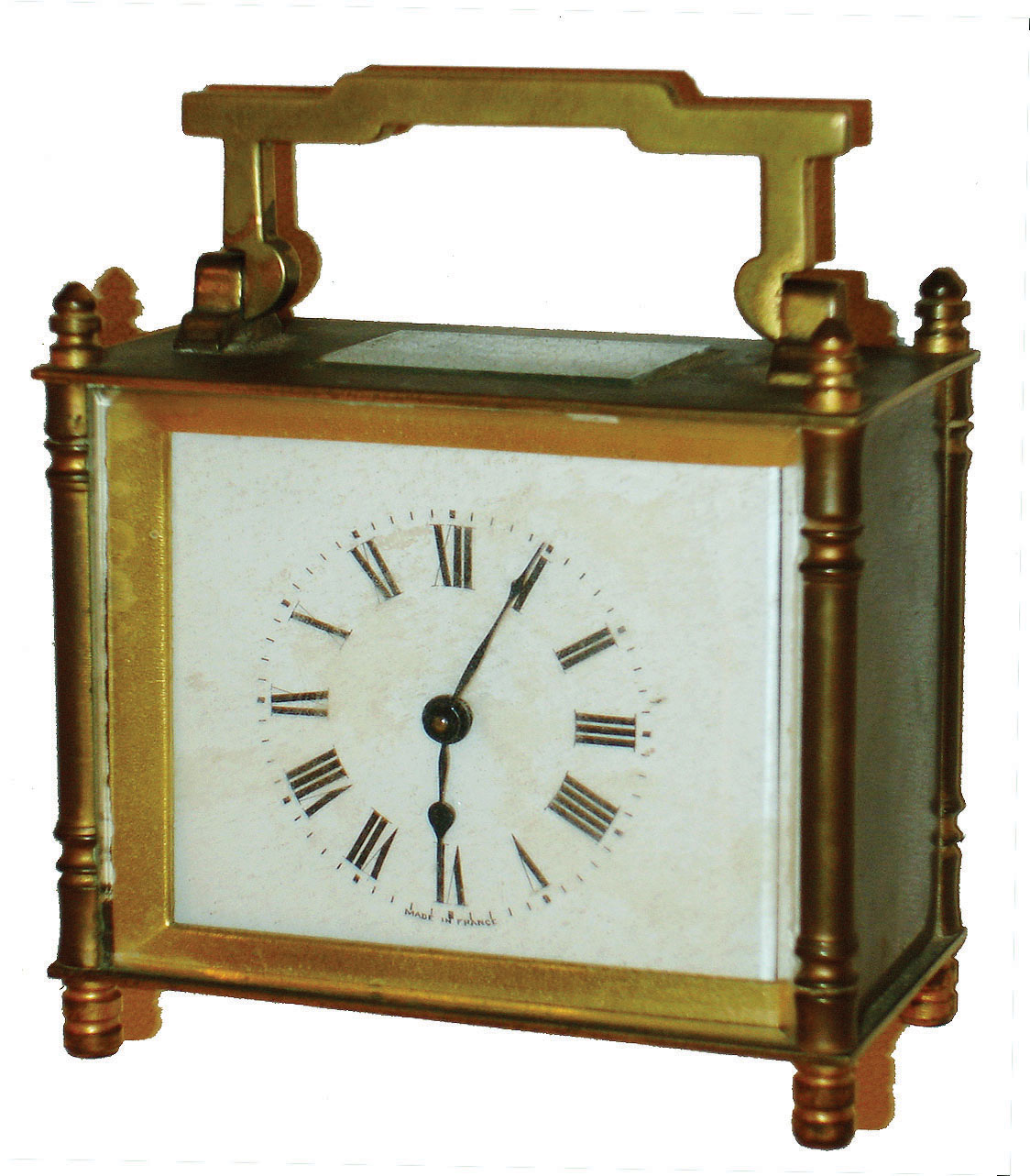 French 8 day time-only "oblong" style rectangular brass and beveled glass carriage clock with leather carrying case, 1930 engraved inscription — Antique Clocks Price Guide