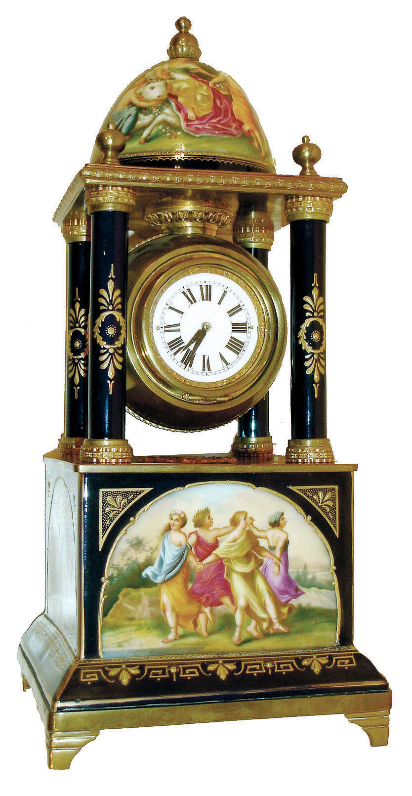 Germany, extremely decorative porcelain and gilt bronze table clock, the portico style case on a square porcelain base with finely painted polychrome enamel panels, depicting figures in classical dress engaged in various activities, cobalt blue columns with gilt ornament supporting the domed porcelain case top with brass finial, also with enamel scenes of figures in a landscape, signed "C. Herbig", the brass spherical clock case suspended below Roman numeral white enamel dial, black painted hands, 8 day timepiece movement with cylinder platform, c1900 — Antique Clocks Price Guide