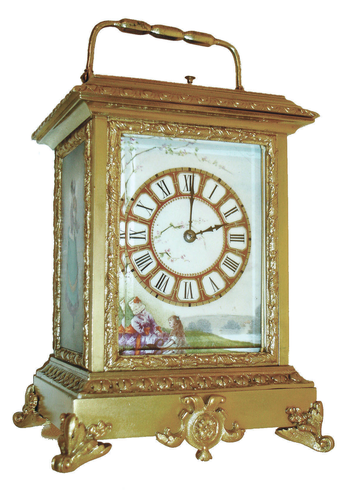 French hour repeating carriage clock with 3 polychrome enamel panels, gilt case on scrolled feet with foliate ornament, ornate base molding and glass frames, case with beveled glasses, Roman numeral dial with image of children conversing in a meadow, blued steel hands, the left panel of a woman in fancy Victorian dress and on ice skates, the right panel with a well dressed Victorian woman walking in a field, all panels signed at lower right, 8 days, time and strike, movement with lever platform, repeating the hour on demand, c1880 — Antique Clocks Price Guide