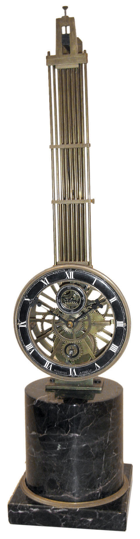 China modern reproduction 8 day upside-down swinger, spuriously signed "Huguenin a Paris" on dial, black marble base, late 20th century — Antique Clocks Price Guide