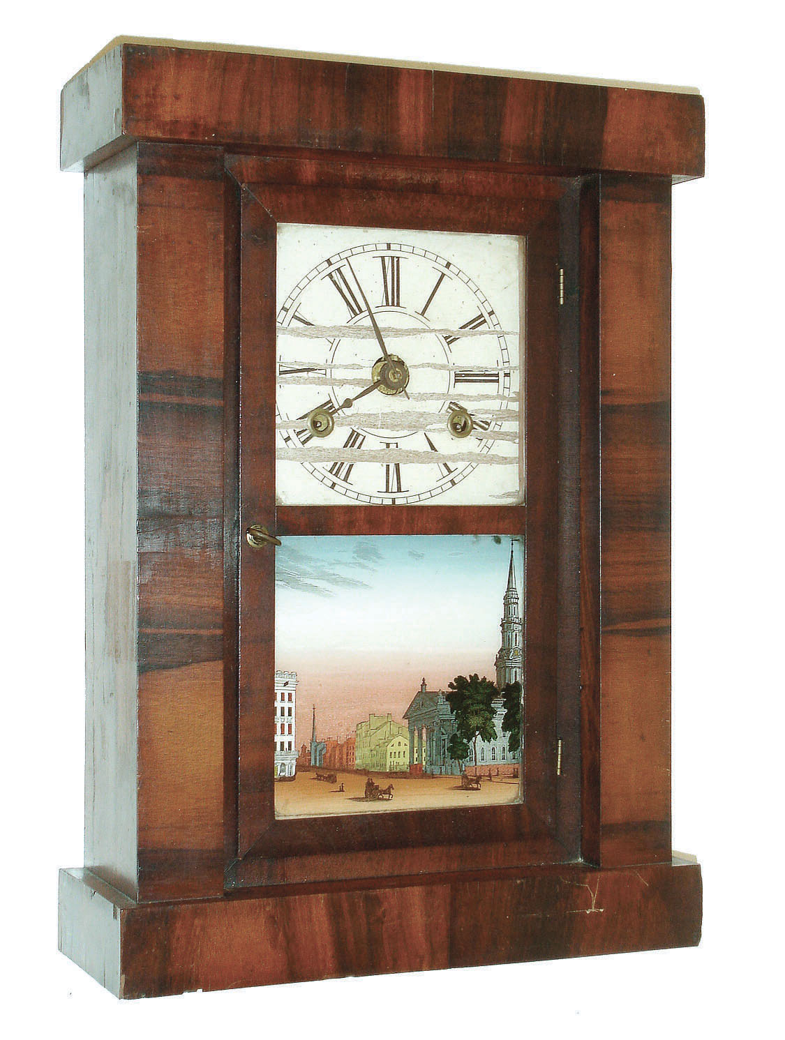 Chauncey Jerome, New Haven, CT, miniature flat Empire style shelf clock with 30 hours, time and strike,, spring driven fusee movement, c1850. — Antique Clocks Price Guide