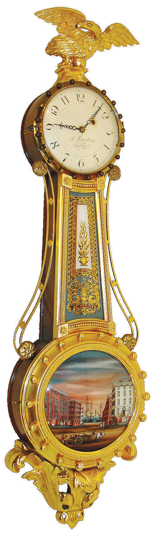 Lemuel Curtis reproduction Girandole wall clock. 8 days, time only, weight driven movement in a gold leafed mahogany case marked No. 3 with convex reverse painted throat and lower tablet depicting Boston City Wharf and Harbor. Convex painted dial signed "L. Curtis's Patent", movement and weight are stamped E. O. Stennes and the case is attributed to Ted E. Burleigh, c1973 — Antique Clocks Price Guide