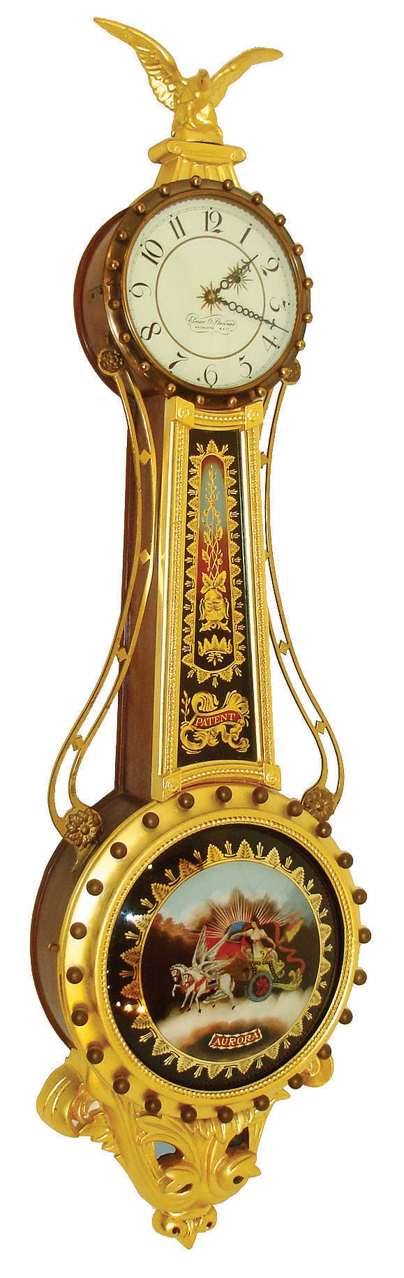 Girandole reproduction wall clock, 8 days, time only, weight driven Kilbourn & Proctor movement in a mahogany case with gold painted front and reverse painted throat and lower convex glass tablets and painted aluminum dial, c1980 — Antique Clocks Price Guide