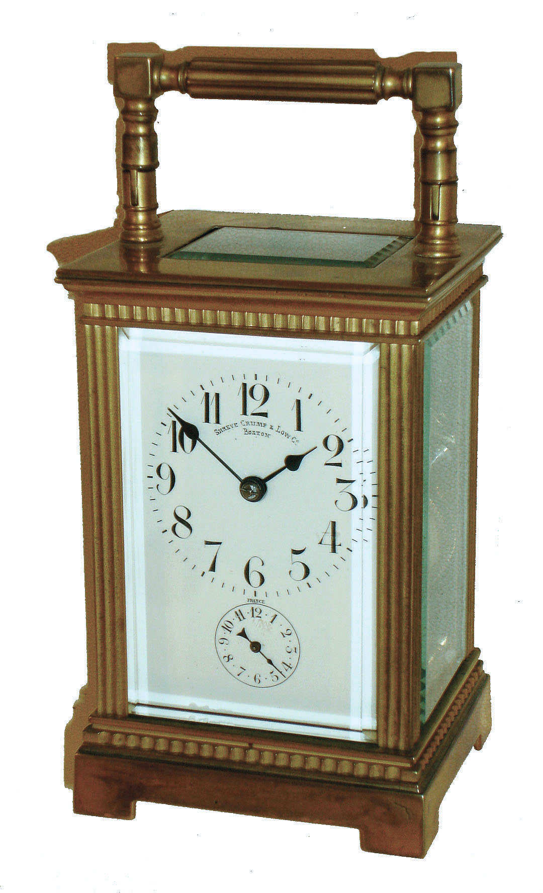 French, for Shreve Crump & Low, Boston, "Anglaise" style 8 day time, strike & alarm brass and beveled glass carriage clock, c1900 — Antique Clocks Price Guide