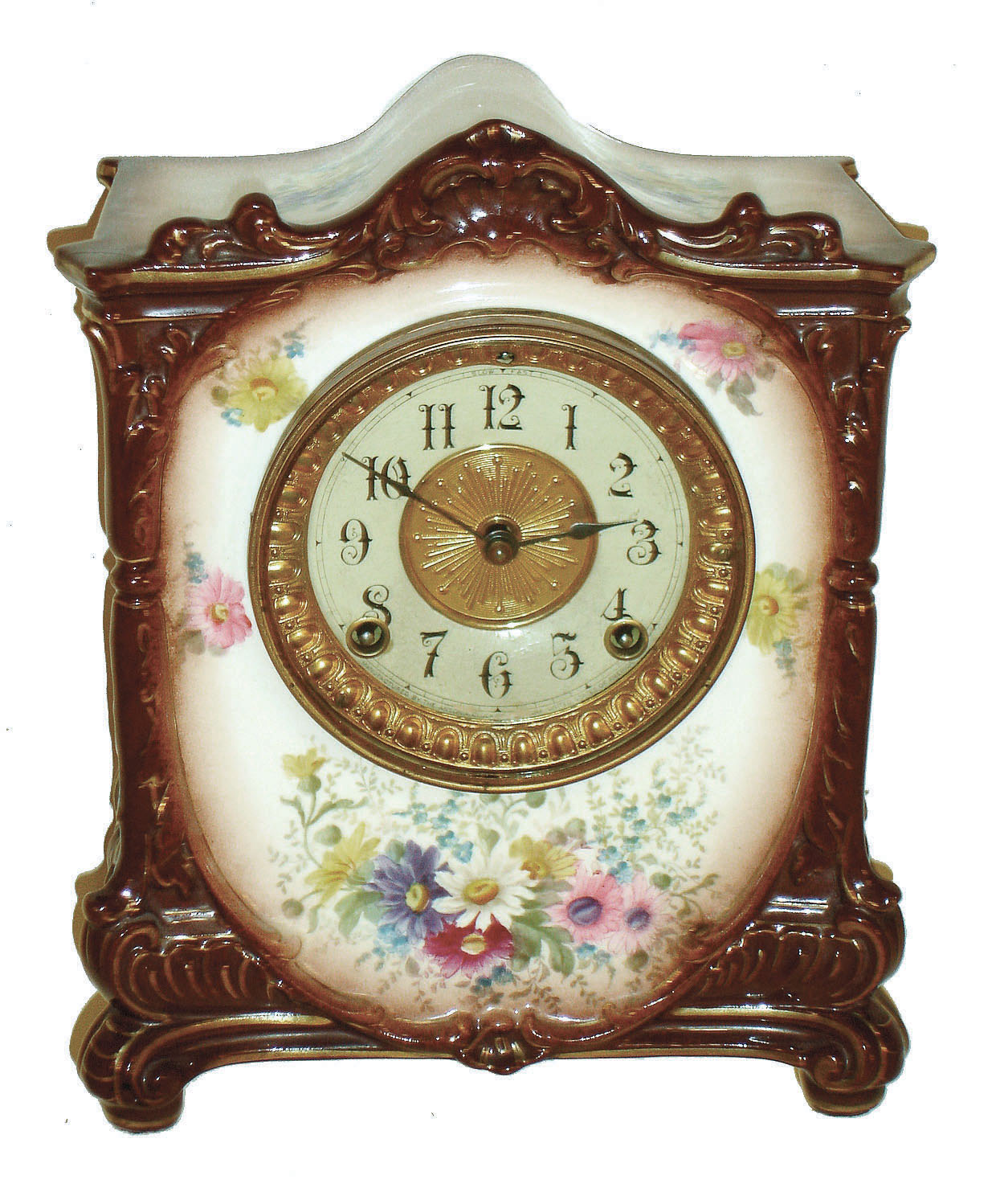 Ansonia Clock Co., New York, "La Barque" 8 days, time and strike, Royal Bonn porcelain mantel clock, c1901 — Antique Clocks Price Guide