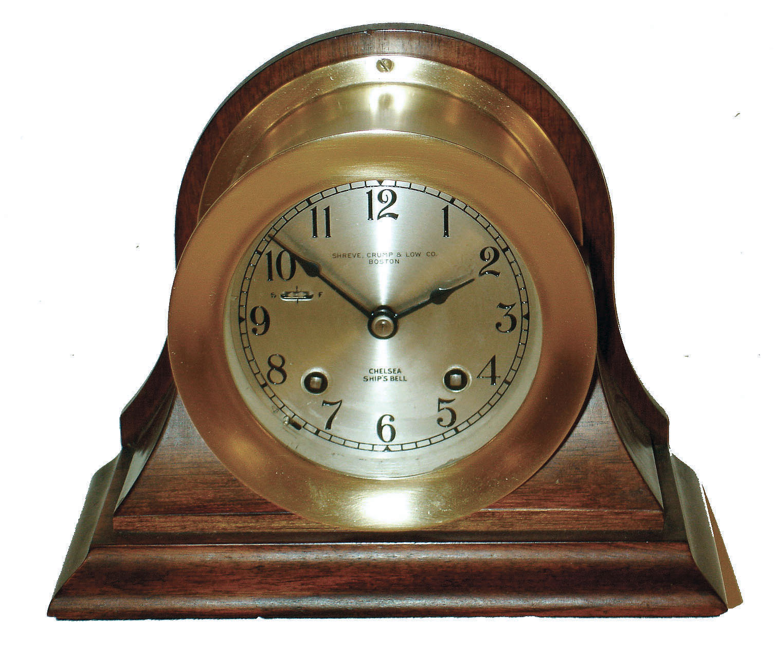 Chelsea Clock Co, for Shreve Crump & Low, Boston, brass 8 day time & ship's bell strike marine clock on mahogany cradle, #651033, c1962 — Antique Clocks Price Guide