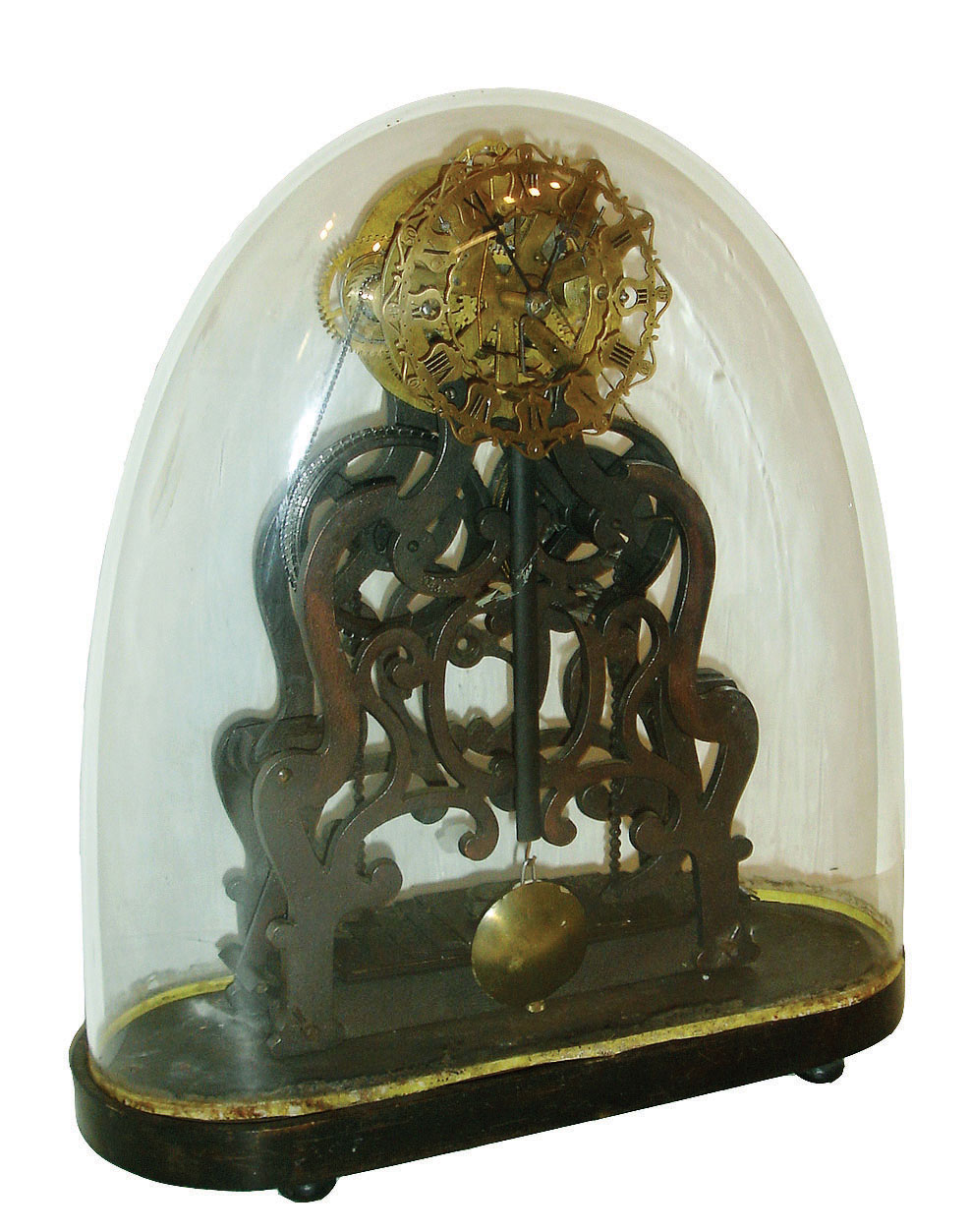 Atkins, Whiting & Co., Bristol, Conn., 30-day fancy cast iron frame [Ives patent] wagon spring powered skeleton timepiece with pierced silvered dial under glass dome, c1855 — Antique Clocks Price Guide