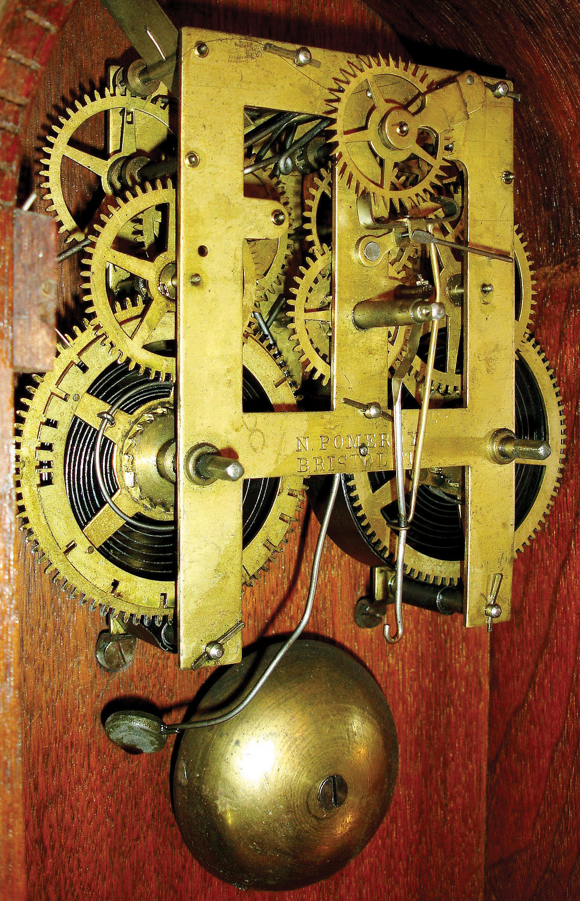 George A. Jones & Co, 6 Cortlandt St., NY, "Corinthian" model 8 day spring driven time and strike, with movement by Noah Pomeroy, Bristol, CT in a walnut case, c1870 — Antique Clocks Price Guide