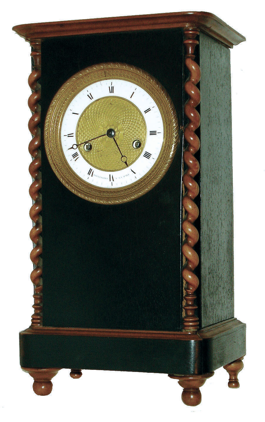 French influence movement, signed Bollengier, a la Haye (the Hague), and with a fine grid compensating pendulum, c1870, now installed in an earlier c1840 veneered walnut over oak case, bearing barley twist columns to the side. A mixed lot. — Antique Clocks Price Guide