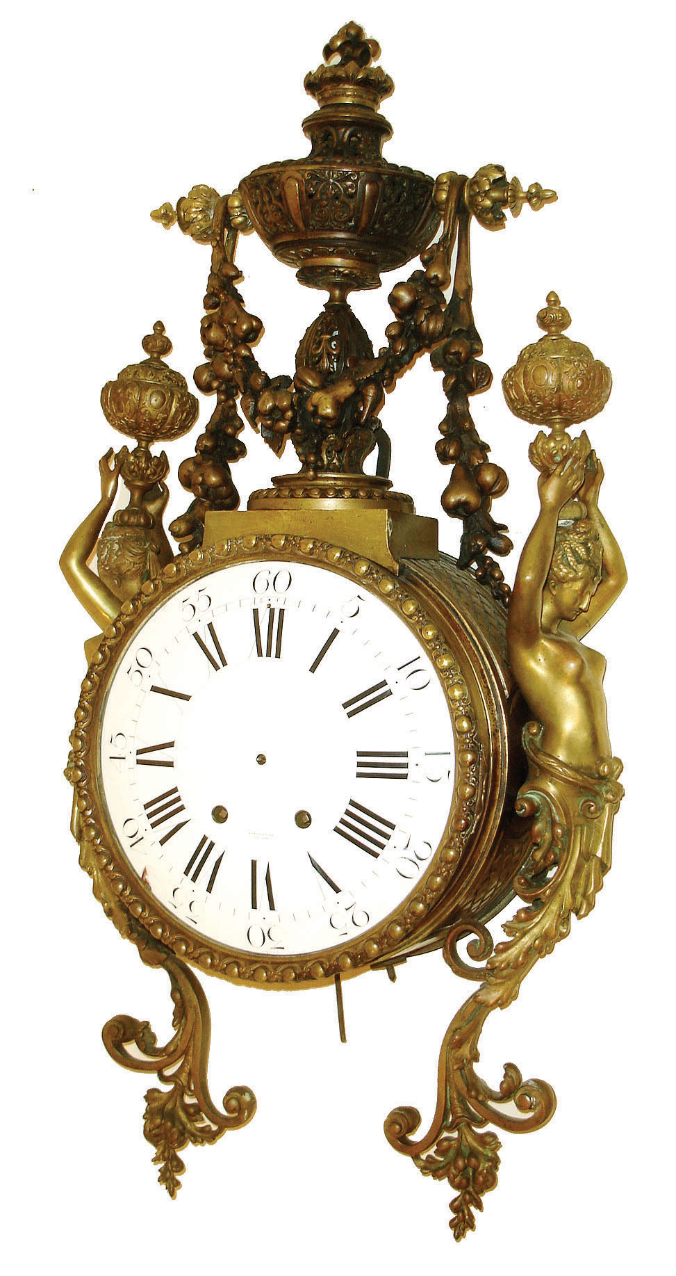 France, for Tiffany & Co., New York, large bronze wall clock, incomplete, round case with ornate cast bezel, the top with pierced urn festooned with a garland of fruit, the case sides with caryatids, Roman numeral white enamel dial signed "Tiffany & Compy. New York", 8 days, time and strike, movement also signed Tiffany, c1890 — Antique Clocks Price Guide