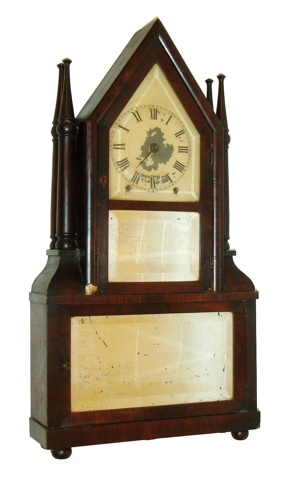 Birge & Fuller, Bristol, Conn., 8 days, time and strike, steeple on frame with candle finials, c1845. — Antique Clocks Price Guide
