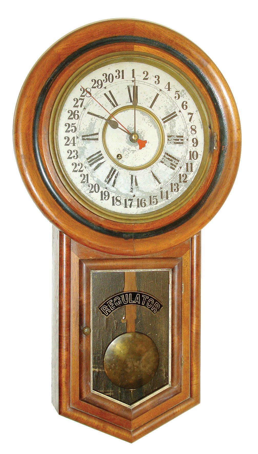 New Haven Clock Co., New Haven, Conn., "No. 1 Time-Piece Regulator", 8 days, walnut wall calendar timepiece, c1900 — Antique Clocks Price Guide