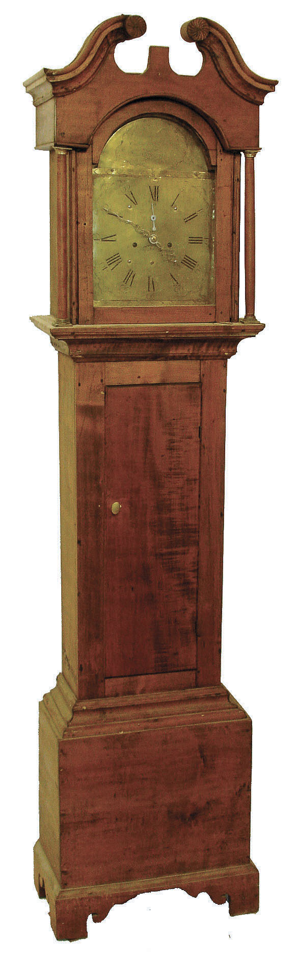 Levi & Abel Hutchins, Concord, N.H., tall clock, 8 days, time and strike, weight driven movement in a birch case with broken arch pediment, bracket base and brass dial, date calendar with signature in arch, c1790 — Antique Clocks Price Guide