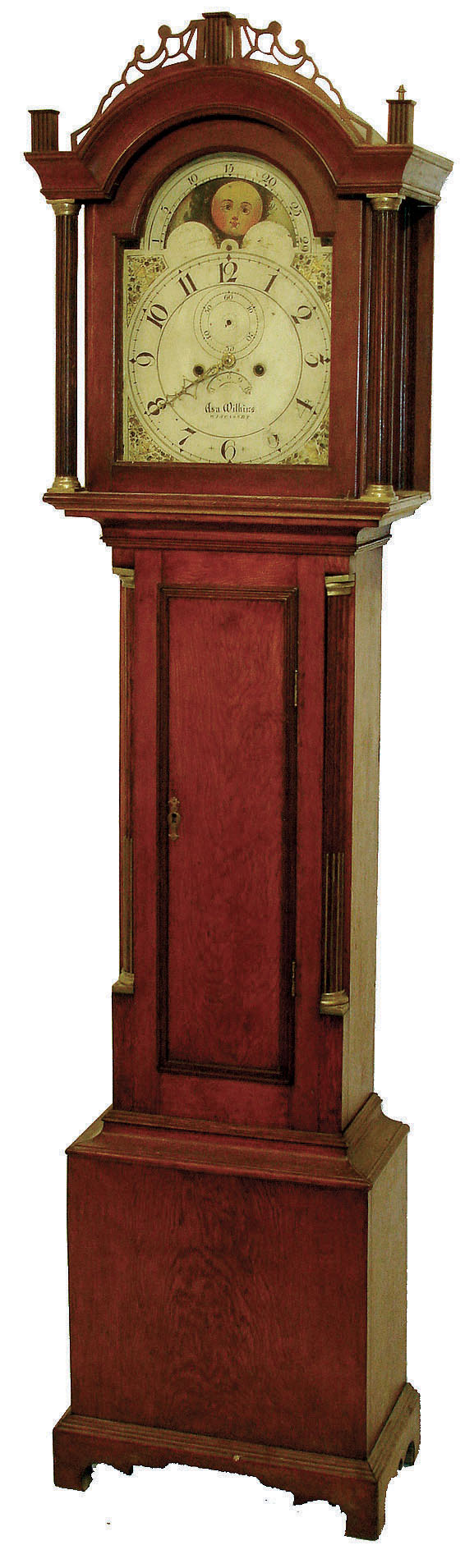 Asa Wilkins, Wiscasset, Maine, tall clock, 8 day time & bell strike weight driven movement in a soft wood case with cherry highlights, fluted hood columns and bracket feet. Painted iron dial with date calendar and moon phases, c1810 — Antique Clocks Price Guide