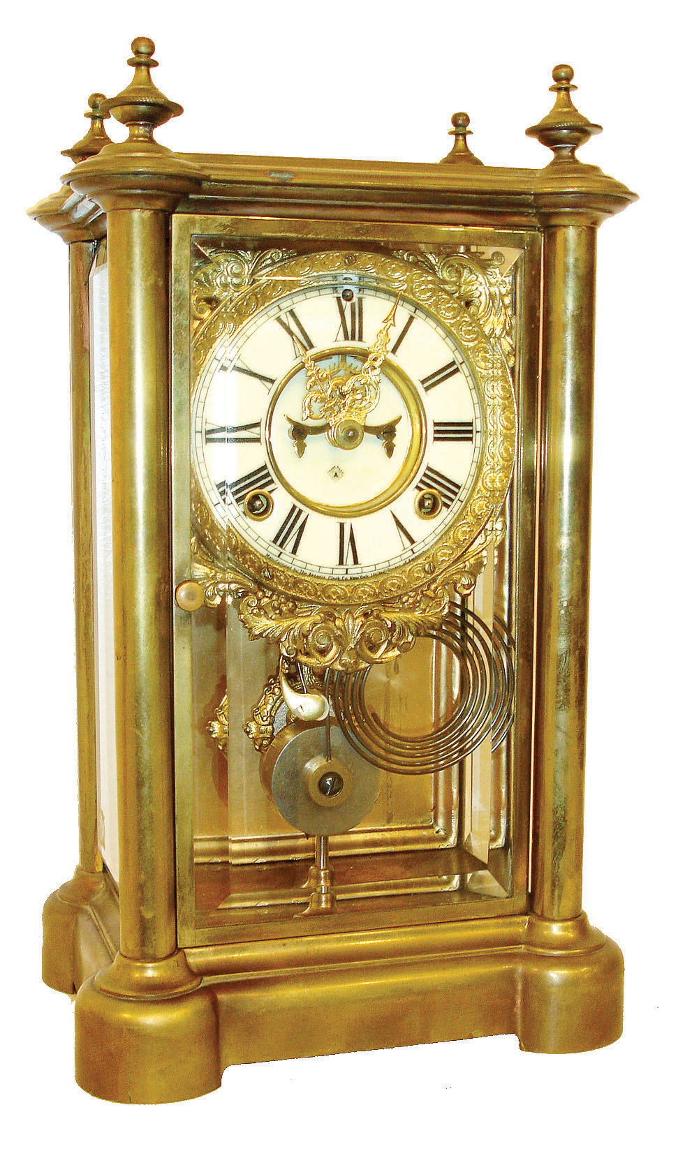 Ansonia Clock Co., Brooklyn, NY. "Symbol Extra" crystal regulator, polished brass case, Roman numeral white enamel dial with open escapement and fancy cast bezel and surround, gilt Louis XV style hands, 8 days, time and strike, movement, gilt cameo style pendulum, c1900 — Antique Clocks Price Guide
