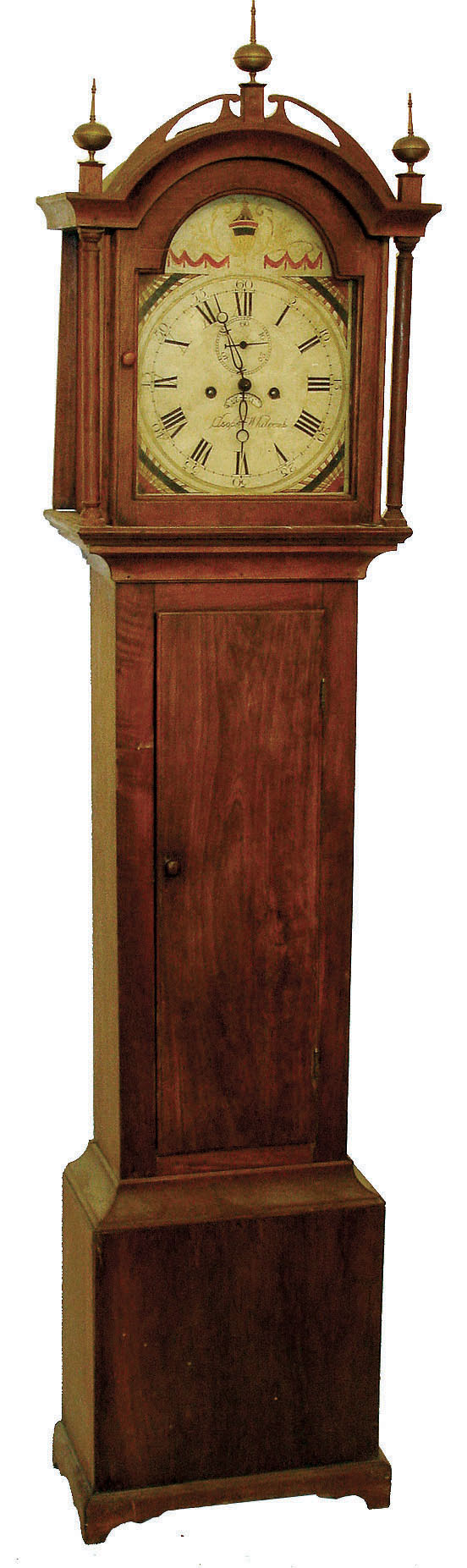 Asaph Whitcomb, Concord, Mass., tall clock, 8 days, time and strike, weight driven brass movement in a hard wood case with painted iron dial and date calendar, c1817 — Antique Clocks Price Guide