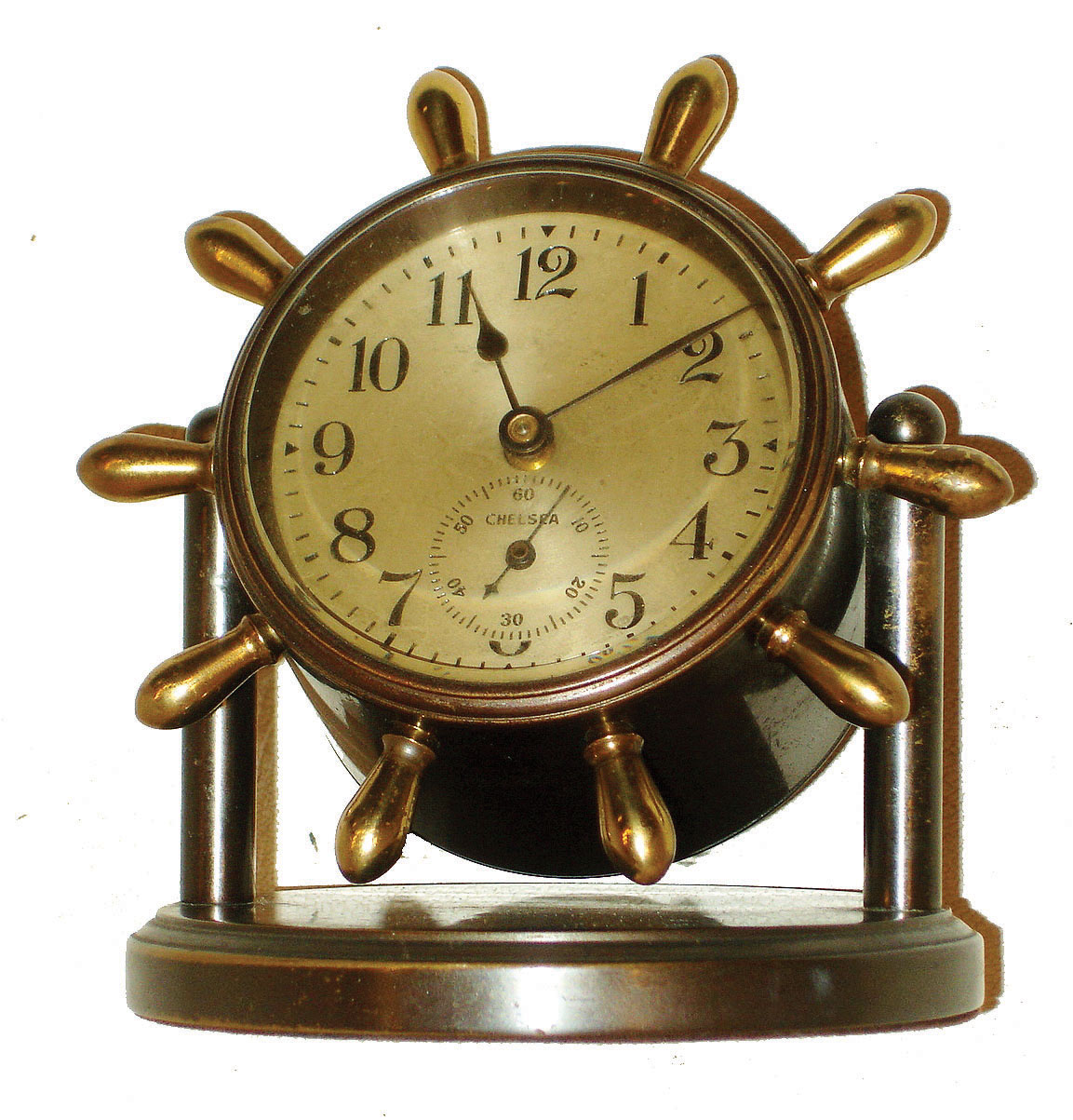 Chelsea Clock Co., Boston, "Clinton" 8 day brass and bronze time only, swivel desk clock, c1946 — Antique Clocks Price Guide