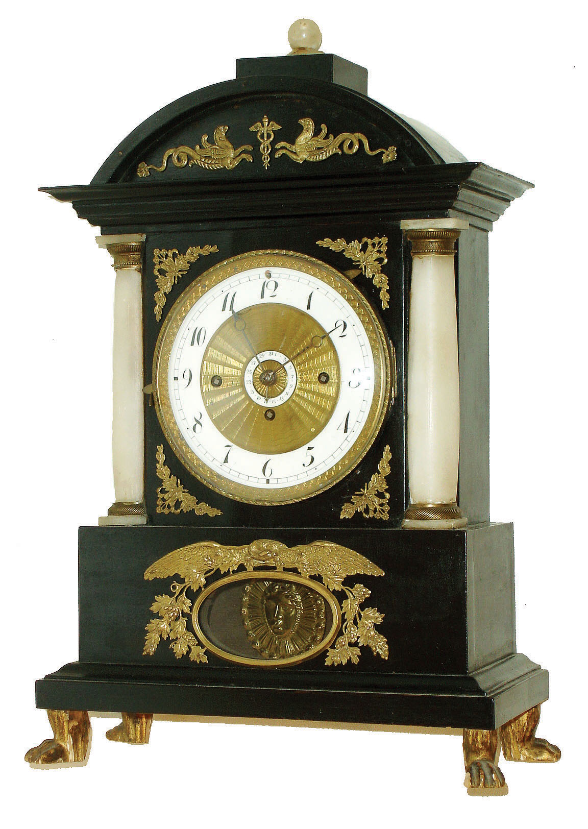 Austria, 3-train full grand sonnerie striking shelf clock with central calendar in ebonized veneer case with cast and chased ormolu trim & alabaster columns,,  c,1835 — Antique Clocks Price Guide